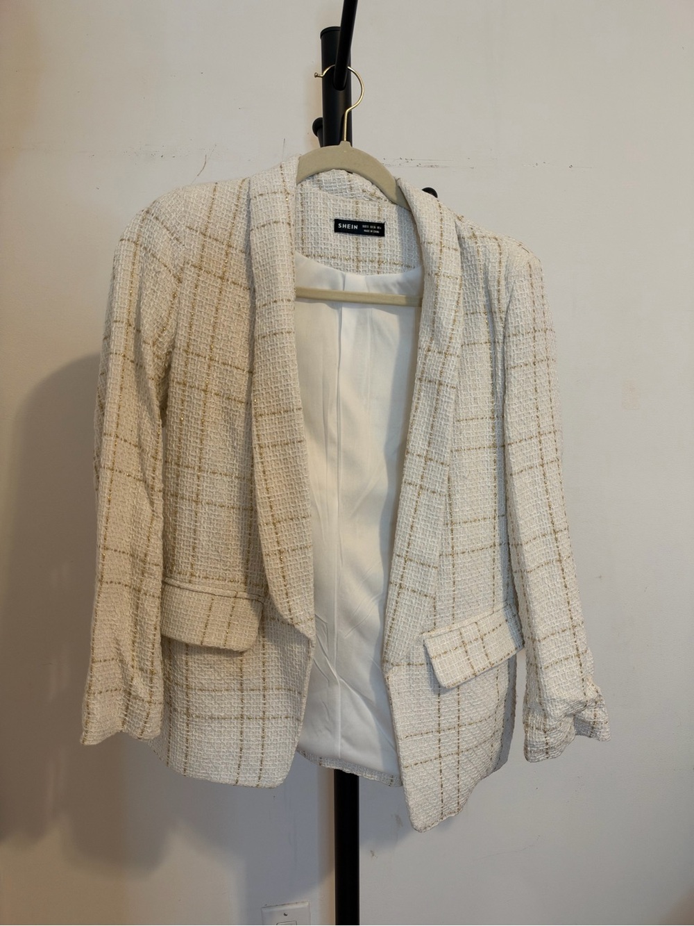 SHEIN Cream Tweed Windowpane Blazer